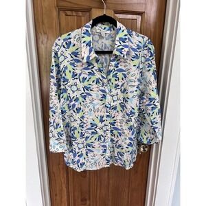 JM Collection 100% Linen Long Sleeve Button Down Shirt Blue Floral Women 18 EUC
